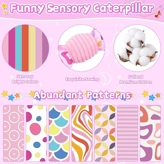 Baby Toys 0 to 12 Months, Stuffed Animal Infant Tummy Time Toys Sensory Toys with Crinkle Rattles Textures and Mirror Gifts for Newborn Boys Girls, Cat Caterpillar Musical Toys (Pink)