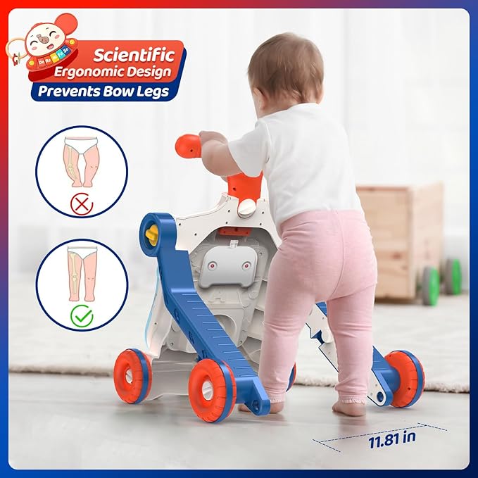 CUTE STONE 5 in 1 Walker for Baby Boy, Sit to Stand Push Walker with Activity Center Learning to Walk, Early Push Walking Toys Gift for Toddler Infant Blue