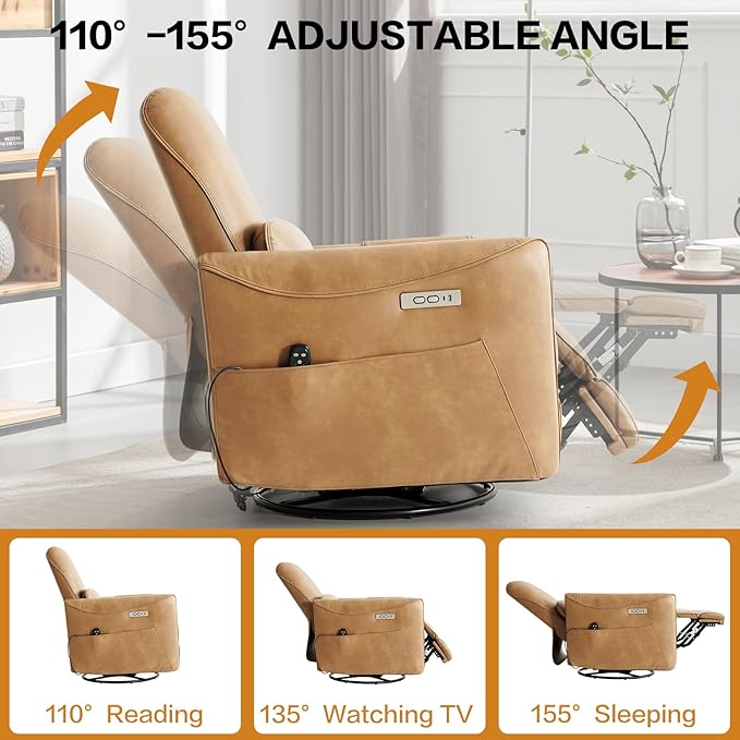 Genuine Leather Modern Electric Swivel Glider Power Recliner Chair with USB and Type-C Ports for Living Room, Power Lift Function, Brown