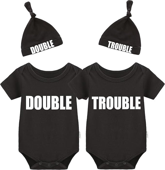 YSCULBUTOL Baby Twins Bodysuits Funny Double Trouble Cute Girl Romper Twin Jumpsuits Hat Set