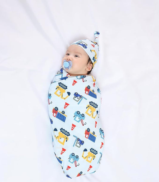 Newborn Swaddle Blanket with Hat Set,Unisex Baby Receiving Blanket Nursery Wrap for Girls and Boys, Viscose Made from Bamboo Blue Car One Size