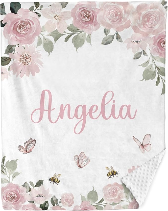 Personalized Baby Blanket for Girls Floral Butterfly Custom Baby Blankets with Name Dotted Backing Customized Gifts for New Mom Customize Baby Blanket for Kids Newborn Birthday Pink