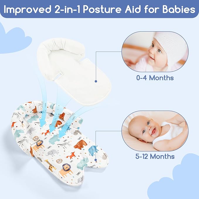 Infant Car Seat Insert & Strap Cover for Baby Boys, 2 in 1 Carseat Head Support Newborn, Ultra Soft Car Seat Cushion for Babies, Plush Fabric, Fit for Swing, Car Seat, Stroller, Bouncer