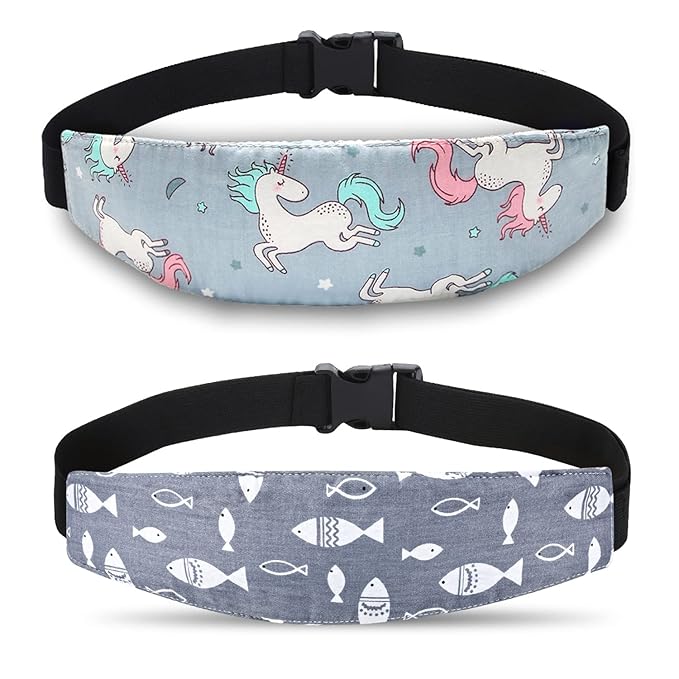 Baby Carseat Head Support,Car seat Straps Pillow Support Ban,Stroller Neck Relief Strap Headrest,Slumber Sling Sleep Positioner for Toddler Infants Child Children Kids(Gery Unicorn + Fish)