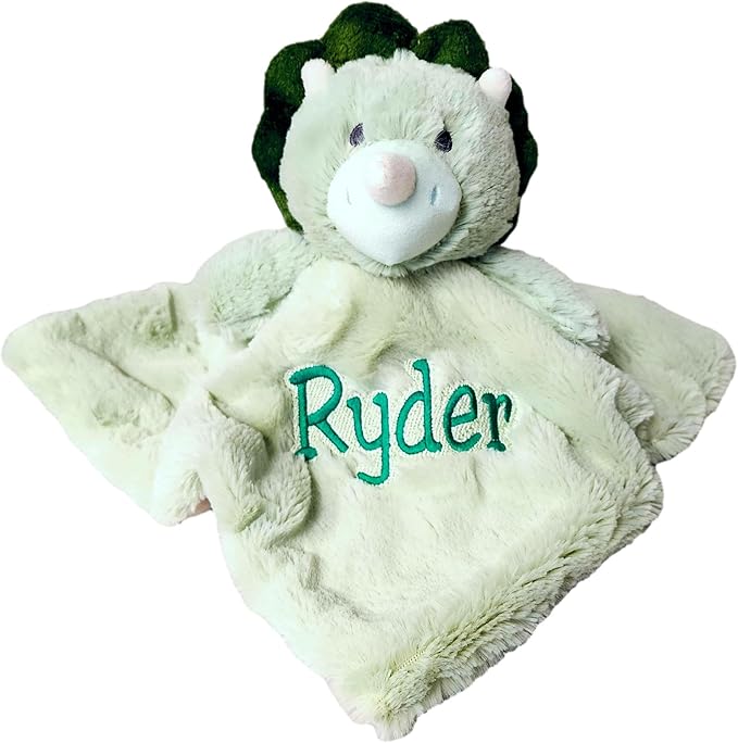 SONA G DESIGNS Custom Personalized Dinosaur Lovey Lovie Security Blanket with Rattle (Green Dino with Embroidered Name)