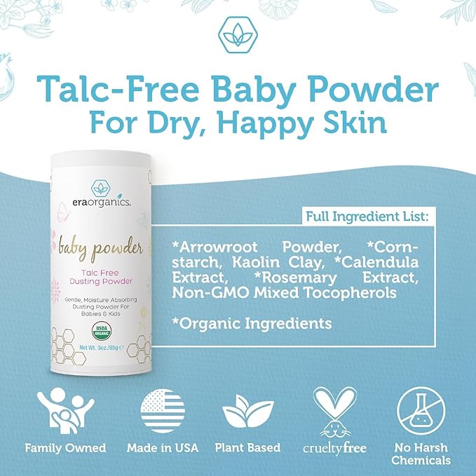 Era Organics Talc-Free Organic Baby Powder - USDA Organic Dusting Powder with Arrowroot, Calendula and Cornstarch for Newborns, Babies or Toddlers - Soothing, Fragrance Free, Made in USA (3oz/85g)
