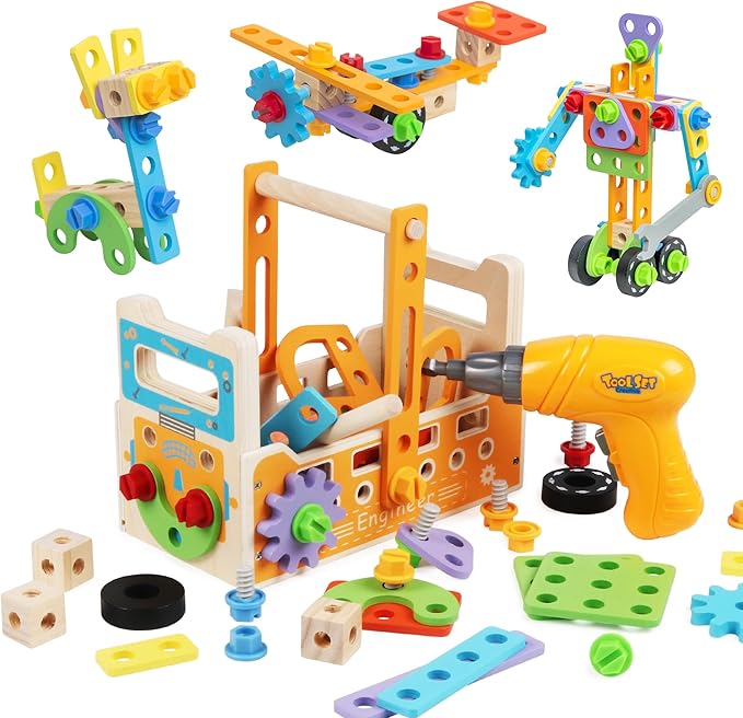 Wooden Kids Tool Set with Electric Screwdrivers, 91PCS Educational STEM Construction Toys, Wooden Tool Bench Montessori Toy Tool Box for 3 4 5 YO Boys & Girls Birthday Gift (91Pcs)
