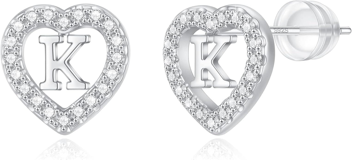 Initial Heart Earrings for Girls, Sterling Silver Post Silver/Rose Gold Heart Initial Stud Earrings for Little Girls Kids Baby Earrings Non Tarnish Hypoallergenic Earrings for Teen Girls Gifts Jewelry