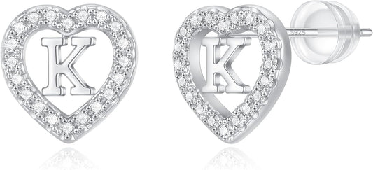 Initial Heart Earrings for Girls, Sterling Silver Post Silver/Rose Gold Heart Initial Stud Earrings for Little Girls Kids Baby Earrings Non Tarnish Hypoallergenic Earrings for Teen Girls Gifts Jewelry