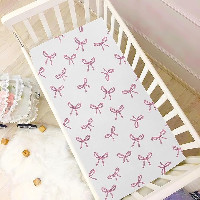 Baby Crib Sheets Bow Ribbon Pattern Crib Sheets for Boys Girls,Neutral Bassinet Toddler Bed Play Sheets Breathable Soft and Portable 52 * 28 * 9in