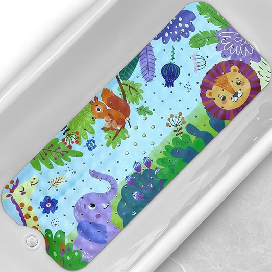 Linoows Baby Bath Tub Mat, 40 x 16 Inch Extra Large Non Slip Kids Cartoon Bathtub Shower Mats with Suction Cups & Drain Holes, Machine Washable for Bathroom, Forest Animals