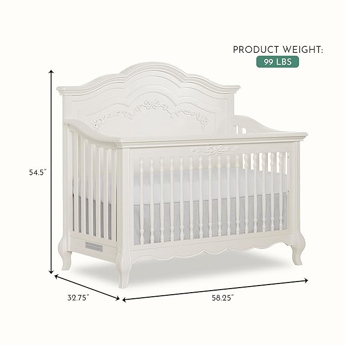évolur Aurora 5-in-1 Convertible Full-Size Baby Crib in Ivory Lace, GreenGuard Gold & JPMA, 3 Mattress HeightsRibbon Bow Scrollwork & Queen Anne Feet, Converts to Toddler, Day & Full-Size Bed
