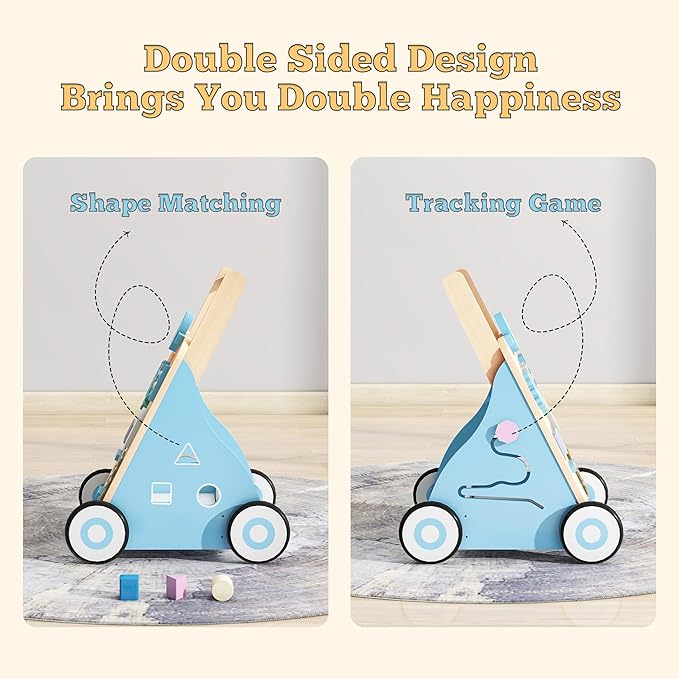 Wooden Baby Walker, Baby Push Walker Adjustable Height and Speed Multiple Learning Activity Walker Baby Walker with Wheels for Girls 6-12 Months, Blue