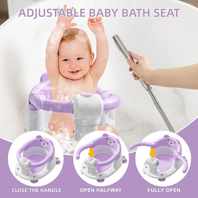 Baby Bath Seat for Babies 6 Months & Up, Toddler Bath Seats for Babies Sitting Up, Non-Slip Infant Bath Tub Chair with 4 Suction Cups & Soft Cushion for Shower, Compact Toddler Bathtub Seat, Purple
