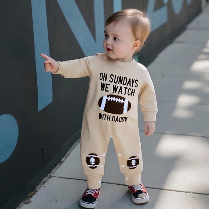 Lamuusaa Newborn Baby Girl Boy Football Outfit On Sundays We Watch Football Romper Long Sleeve Jumpsuit Fall Clothes 0-18M