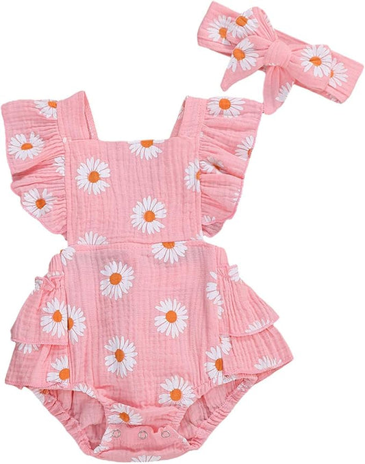 Baby Girls Floral Cotton Leotard Romper Newborn Daisy Playsuits Ruffled Sleeve Onesie Infant Jumpsuit Clothes Headband