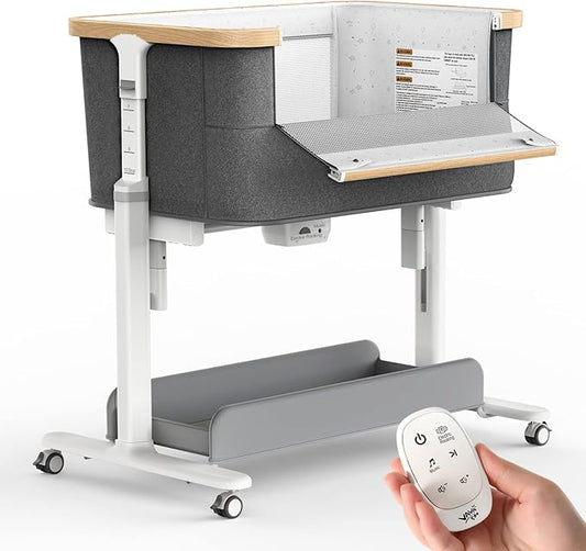 Rocking Bassinet for Baby Electric Automatic Bedside Sleeper Rocks Itself 3 Motion Auto Rolling Newborn Cradle 5 Height Adjustable with Music, Wheels, Storage, Dark Grey