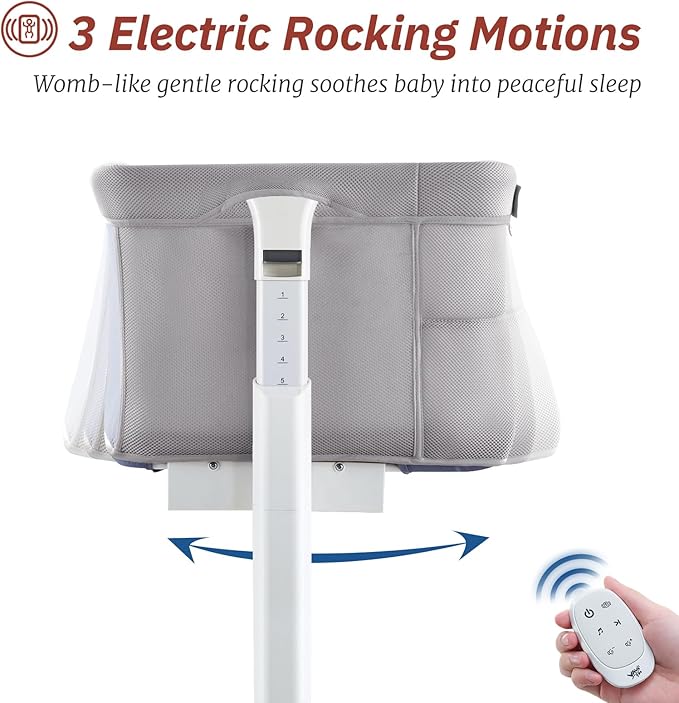 Electric Rocking Bassinet for Baby, Automatic Bedside Sleeper Electric Baby Cradle for Infant Newborn with Wheels, Smart Auto Rocking Crib 3 in 1 Bassinet 5 Heights Adjustable, Light Grey