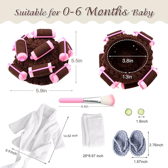 SPOKKI Newborn Photography Props Newborn Girl Photoshoot Outfits Crochet Baby Curler Hat with Makeup Brush for Infant Boys Girls (White)