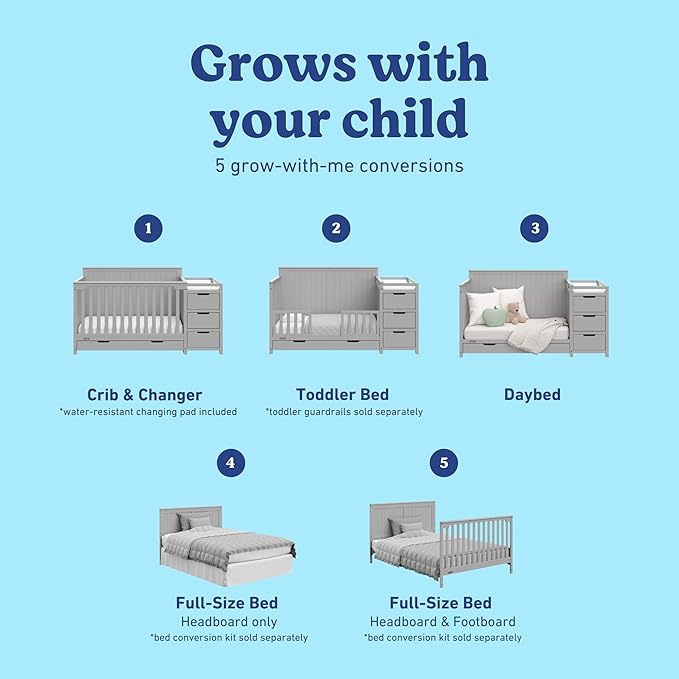 Graco Hadley All-in-One Convertible Crib & Changer (Pebble Gray) – GREENGUARD Gold Certified, Fits Standard Crib Mattress, Converts to Toddler Bed and Full Bed, 4 Adjustable Mattress Heights