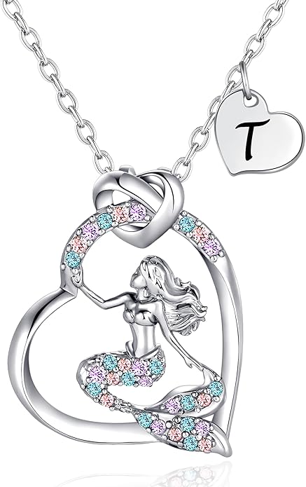 K-Acc 14K Gold-Plated Mermaid Initial Heart Necklace - Gifts for Girls