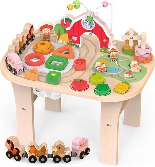Kids Girls Wooden Farm Activity Table for 1 2 3 Years Old, Montessori Learning Toy with Bead Maze, Shape Sorter & Animal Train, Sensory Development Toy for Toddlers, Educational Gift for Baby