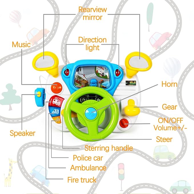 fisca Toddler Steering Wheel Toy Baby Interactive Learning Toy for Toddler 1-3 Year Old, My First Driving Educational Baby Musical Toys with Light and Sound for Preschool Kids