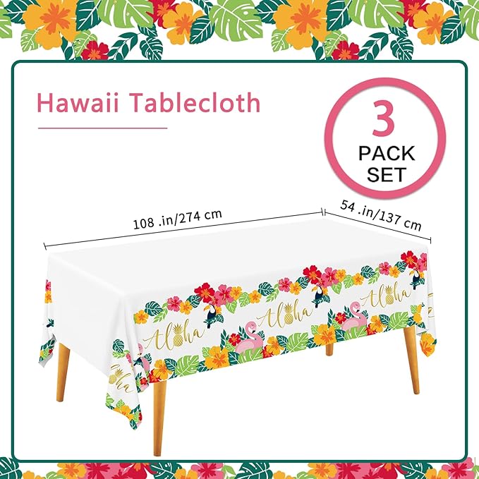 Tropical Luau Party Supplies Flamingo Disposable Tablecloth Plastic Waterproof Table Cover for Hawaiian Beach Party Decorations, 3 Pack 54X108inch