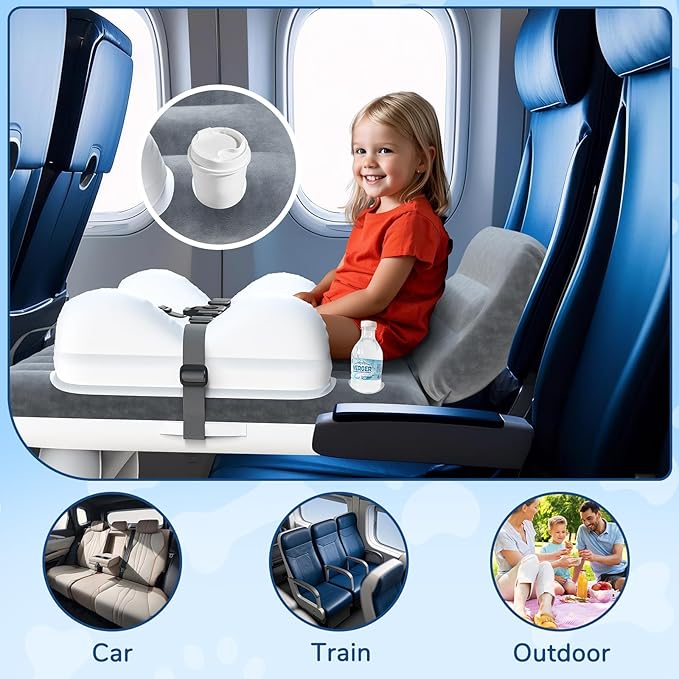 omzer Inflatable Toddler Airplane Bed: Airplane Seat Extender for Kids with Cup Holder & Seat Belt - Portable Baby Travel Bed with Travel Bag & Hand Pump