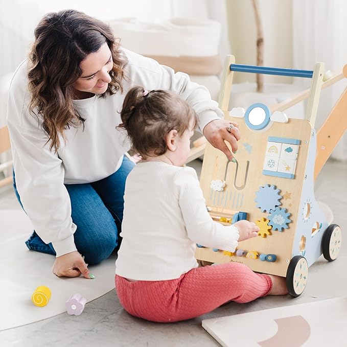 Beright Wooden Baby Walker, Baby Push Walker, Weather Theme, Learning Activity Center for Boys and Girls, Sit-to-Stand Push Toys, Upgraded