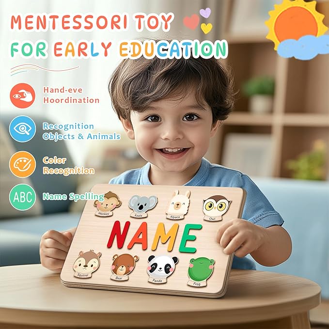 Name Puzzle for Kids Personalized, First Birthday for Baby Boy Girl, Wooden Animal Puzzles for Toddlers 1-3, Educational Toys for 1 Year Old
