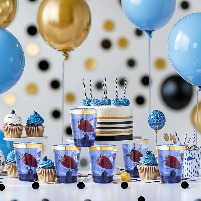 supernal 100 Pcs Blue Plastic Cups,10 Oz Clear Blue Disposable Cups with Gold Trim,Plastic Cocktail/Drink/Bridal Shower/Baby Shower Cups for Party,Wedding and Birthday,Cute Disposable Cup