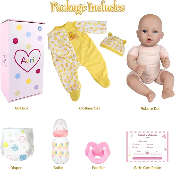 Aori Realistic Reborn Baby Dolls - 18 Inch Lifelike Newborn Girl Doll with Yellow Outfit & Feeding Set, Gift for Girls Kids Toddlers