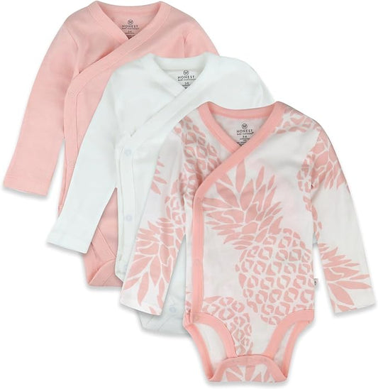HonestBaby unisex-baby 3-pack Long Sleeve Side-snap Kimono Bodysuits Organic Cotton for Infant Baby Boys, Girls, Unisex