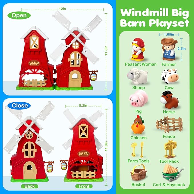 Toddler Toys for 1 2 3 Year Old Boys Girls, Big Red Windmill Barn Farm Animals Toy, Montessori Learning Toys for Toddlers 1-3, Ideal Birthday for Boy Girl Kids, Baby Toy 12-18 Months
