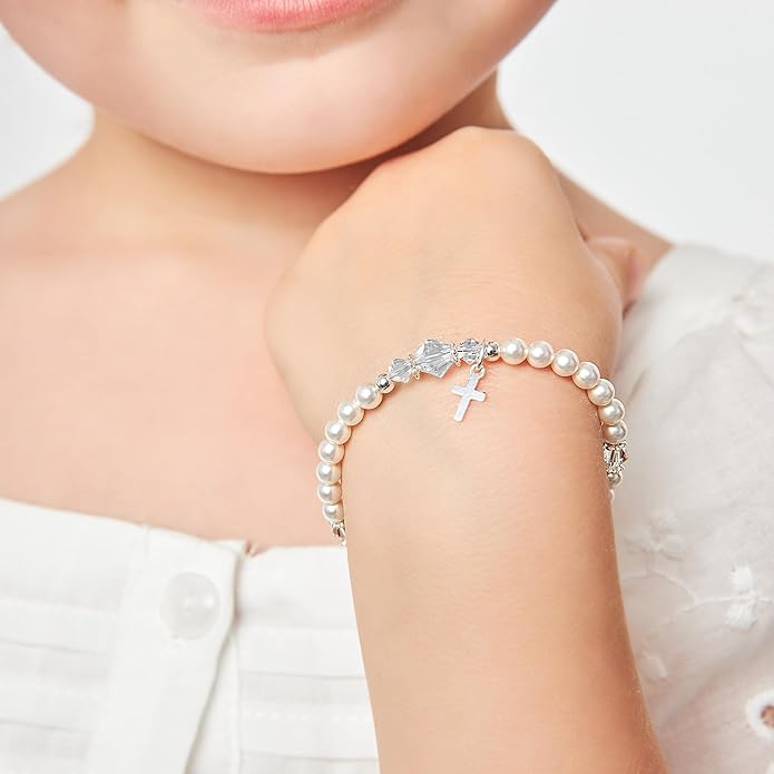 925 Sterling Silver Initial Bracelet, White Pearl Charm Bracelet, A-Z Letter Charms, Personalized Baby Jewelry, Baptism Gifts for Girl or Boy, Birthday Gifts, Crystal Bracelets for Girls