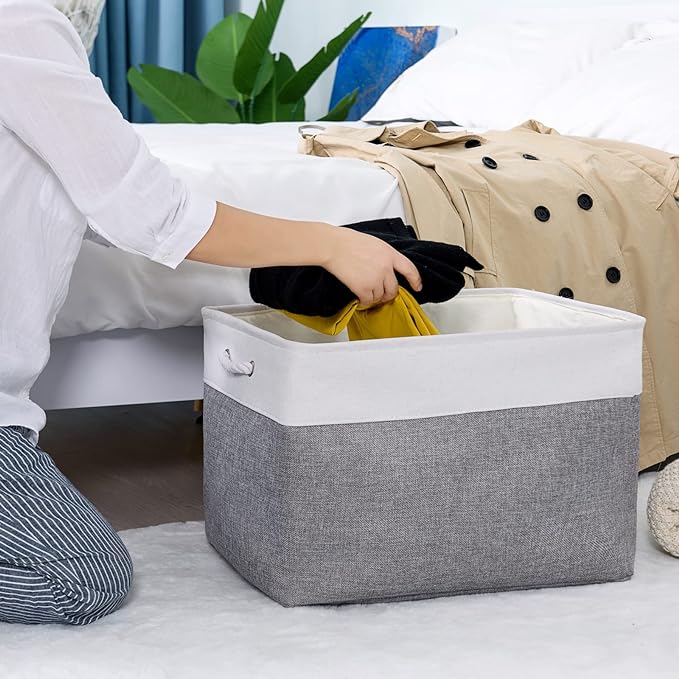 TheWarmHome Storage Bins Baskets for Organizing, 20.5L×15.7W×13.8H 3 Pack Sturdy Fabric Storage Basket W/Handles, Decorative Foldable Storage Baskets for Shelves Closet Nursery Toy (White & Grey)