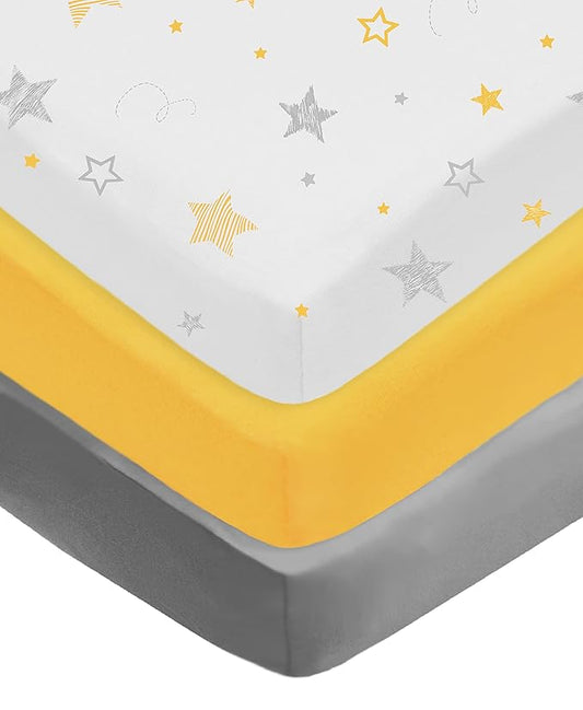 American Baby Company 3 Pack 100% Natural Cotton Fitted Crib Sheets 52" x 28" - Soft, Breathable, Hypoallergenic & Gentle Toddler Bed Sheets, Yellow Star/Yellow/Gray, Neutral for Boys & Girls