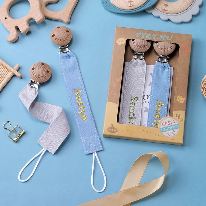 TYRY.HU Personalized Pacifier Clip with Name, Embroidery Webbing Pacifier Holder for Baby Girls and Boys, Neutral Pacifier Leash Universally Fit All Pacifiers & Baby Toys, 2 Pack Baby Gift(Grey, Blue)