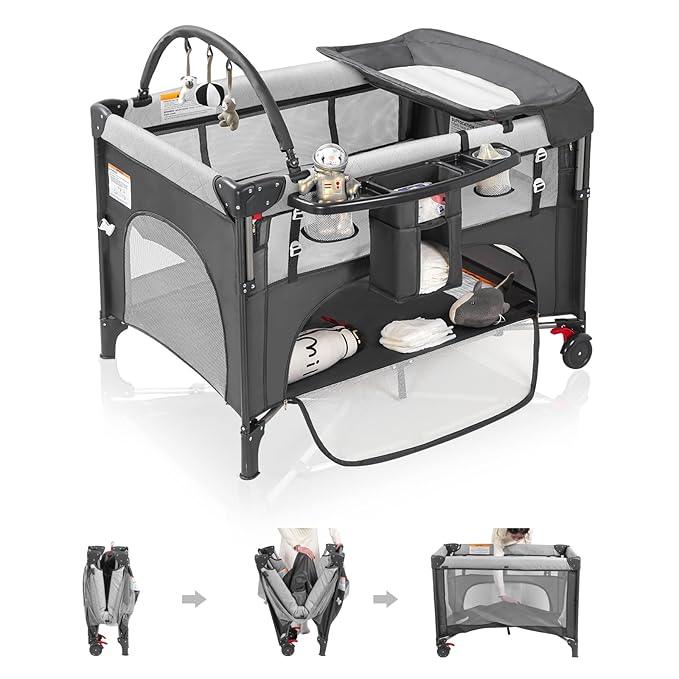 4 in 1 Baby Bassinet Bedside Crib with One-Hand Setup & Waterproof Mattress – ASTM-Certified Pack and Play, Portable Foldable Playard with Diaper Changer for Newborn to Toddler (Grey)