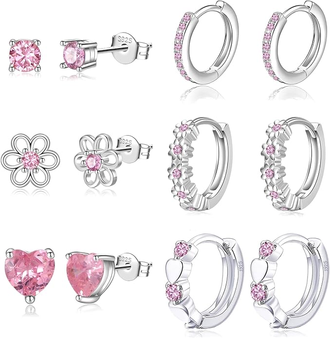 6 Pairs Huggie Hoop Earrings 925 Sterling Silver Stud Sets Cute Heart Hoops Tiny Cubic Zirconia Flower Stud Small Hypoallergenic Cartilage Sleeper Earrings