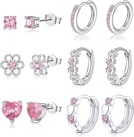6 Pairs Huggie Hoop Earrings 925 Sterling Silver Stud Sets Cute Heart Hoops Tiny Cubic Zirconia Flower Stud Small Hypoallergenic Cartilage Sleeper Earrings
