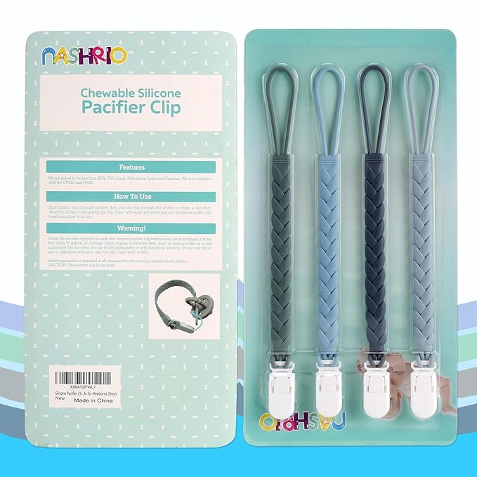 Stylish Silicone Pacifier Clips 4-Pack for Baby Boys and Girls, Woven Rope Flexible Design, Rust-Free Holders for Teething Relief and Baby Essentials, Safe for Newborns (Grey)