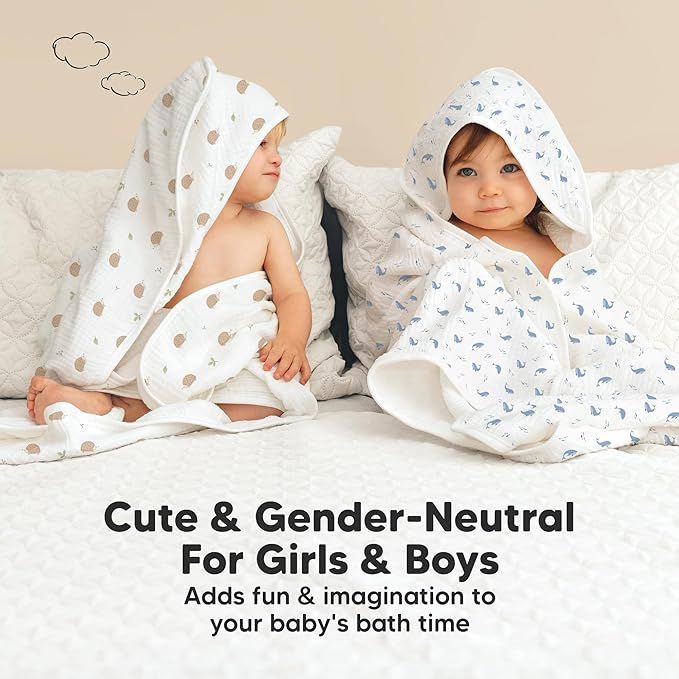 KeaBabies Muslin Baby Bath Towels with Hood for Girls, Boys, Large Organic Cotton Hooded Baby Towels for Newborns, Toddlers, Infant, Kids, Soft Absorbent Newborn Bath Essentials Gift Set (Whale Bay)