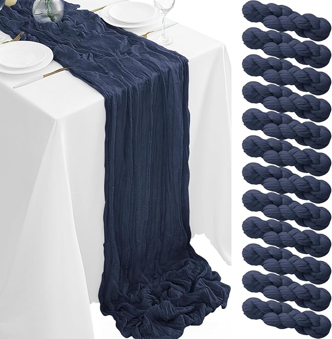 12Pack Navy Blue Table Runner 10FT Cheesecloth Table Runner 35x120inch Cheese Cloth Table Runners Rustic Boho Gauze Table Runners for Party Wedding Birthday Dining Bridal Shower Baby Shower Decor