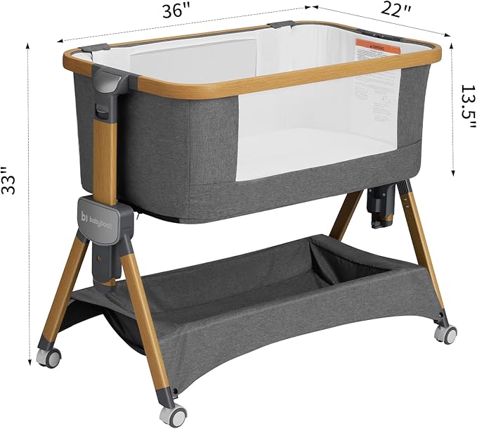 Cozy2 Baby Bedside Bassinet Sleeper Portable Travel Bassinet with Bigger Wheels 3 in 1 Bassinet Crib with Mattress, Storage Basket 5 Height Adjustable Bedside Crib for Baby - Wood Grain