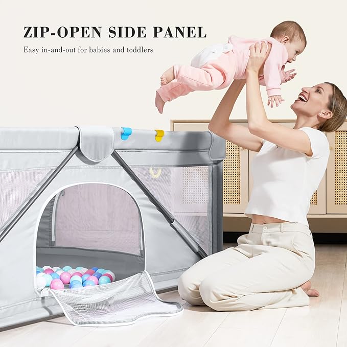 ANGELBLISS Baby Playpen, Foldable Playpen for Babies and Toddlers, Indoor & Outdoor Baby Activity Center with Visible Breathable Mesh, Portable Play Yard with 2 Handlers+50 Balls (Grey, 71 * 71)