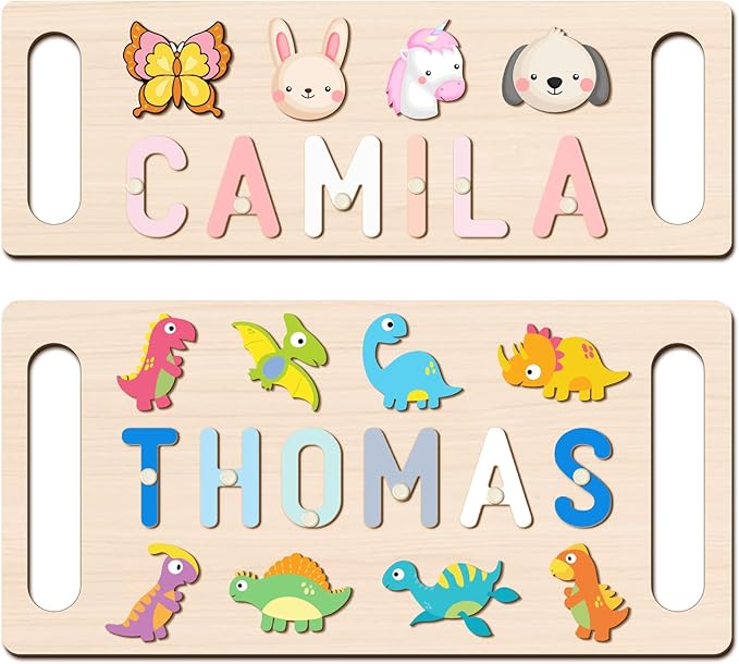 Name Puzzle for Kids Personalized, First Birthday for Baby Boy Girl, Wooden Name Puzzles with Hollowed-Out Handle for Toddlers 1-3, Educational Toys for 1 Year Old (Animal)