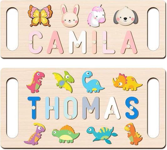 Name Puzzle for Kids Personalized, First Birthday for Baby Boy Girl, Wooden Name Puzzles with Hollowed-Out Handle for Toddlers 1-3, Educational Toys for 1 Year Old (Animal)