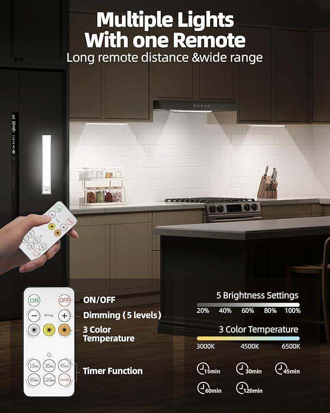 Under Cabinet Lighting,LED Rechargeable Motion Sensor Light Indoor Battery Operated,3 Color Temps&Dimmable Closet Lights with Remote,Wireless Under Counter Lights for Kitchen Stairs (2 Pack)